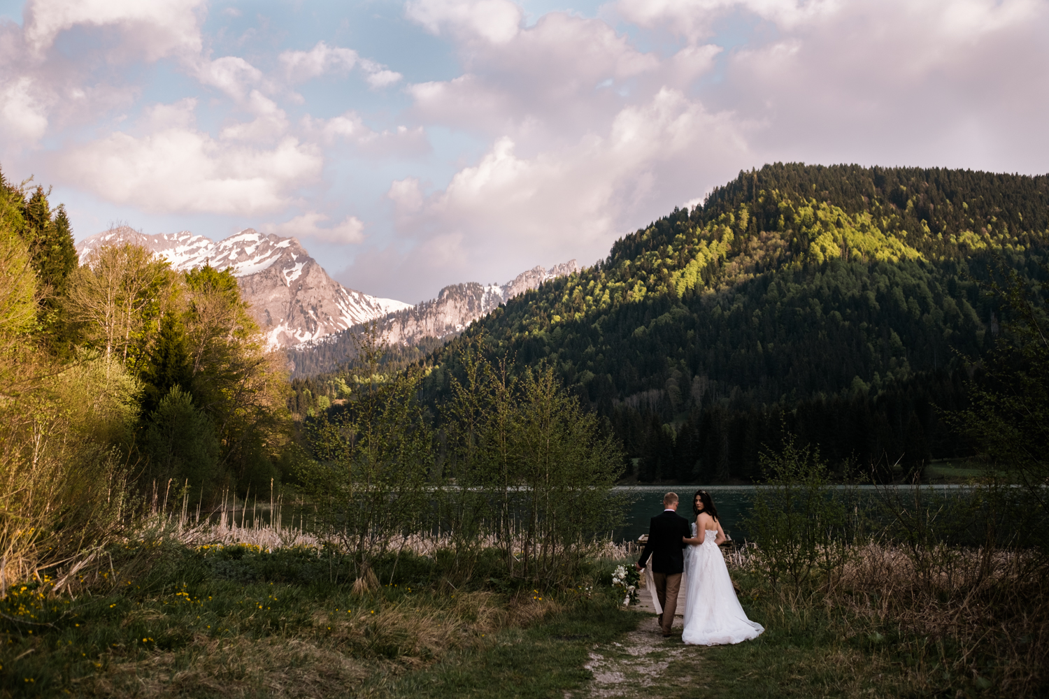 This couple eloped in a valley of the French Alps, complete with mountains, alpine lakes and old world churches.